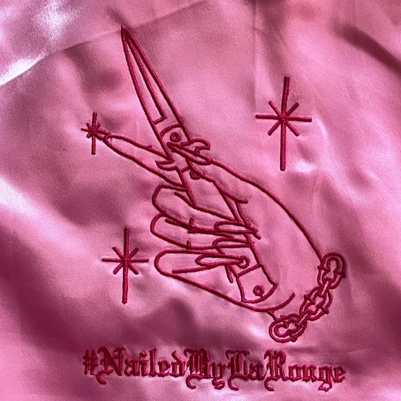 Love LaRouge Official Pink Satin “Death Before Dull Nails” Bomber Jacket Sz M - Picture 2 of 9